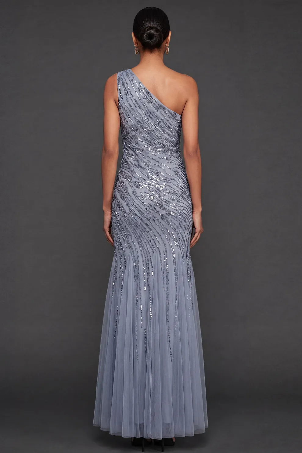 Sparkly Sequined Dusty Blue Mermaid One Shoulder Long Formal Dress