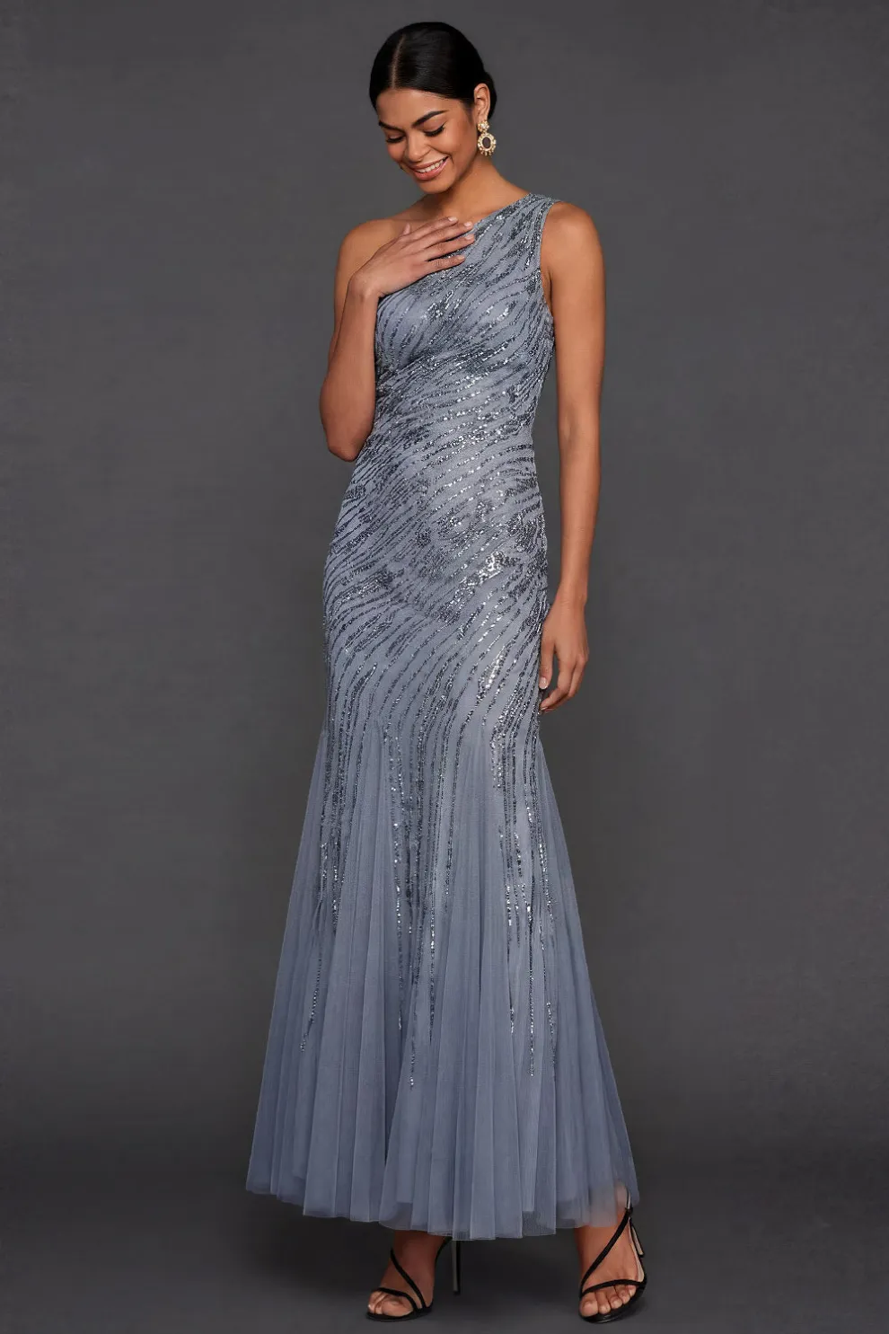 Sparkly Sequined Dusty Blue Mermaid One Shoulder Long Formal Dress