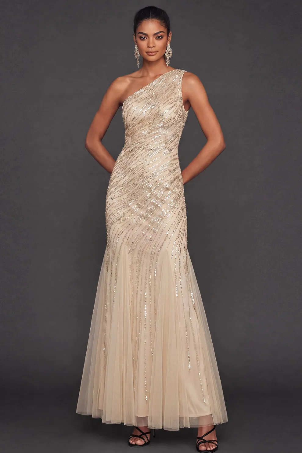 Sparkly Sequined Dusty Blue Mermaid One Shoulder Long Formal Dress