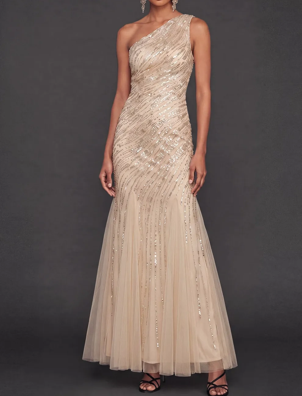 Sparkly Sequined Dusty Blue Mermaid One Shoulder Long Formal Dress