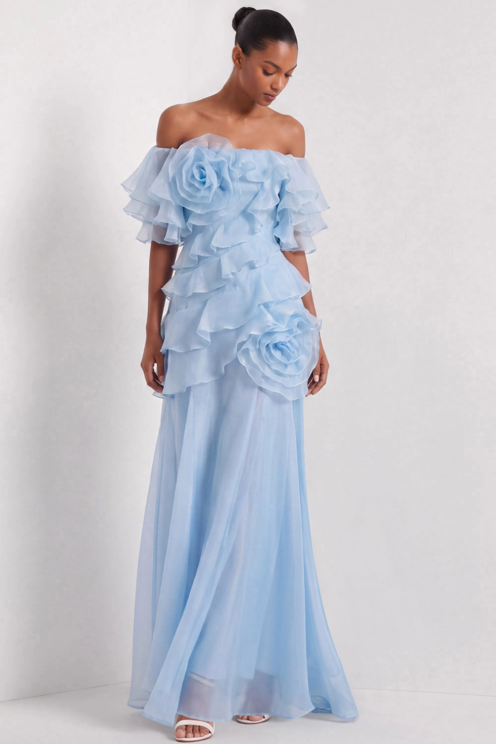 Light Blue Formal Dress Off the Shoulder Chiffon Maxi Dress with Ruffle