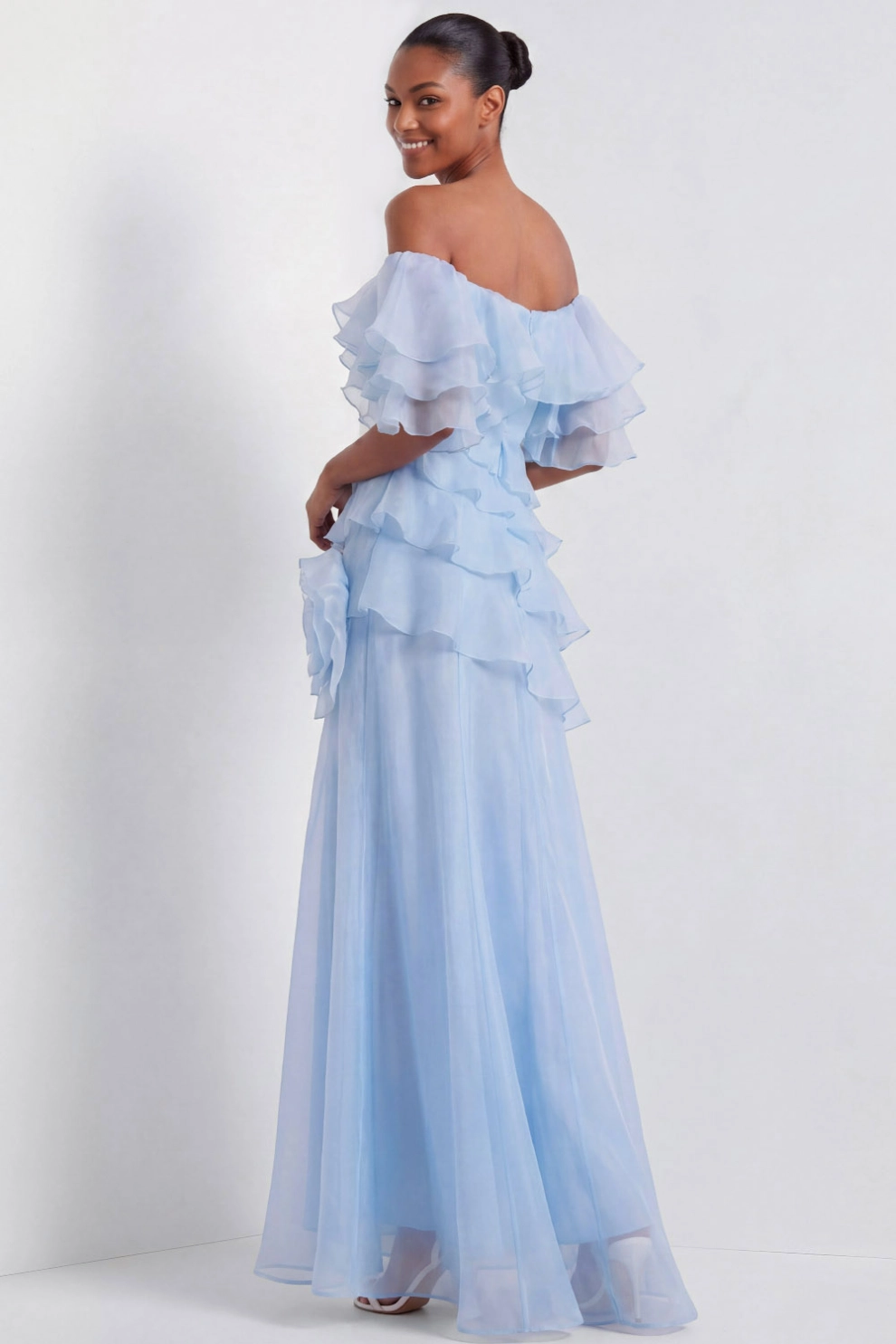 Light Blue Formal Dress Off the Shoulder Chiffon Maxi Dress with Ruffle