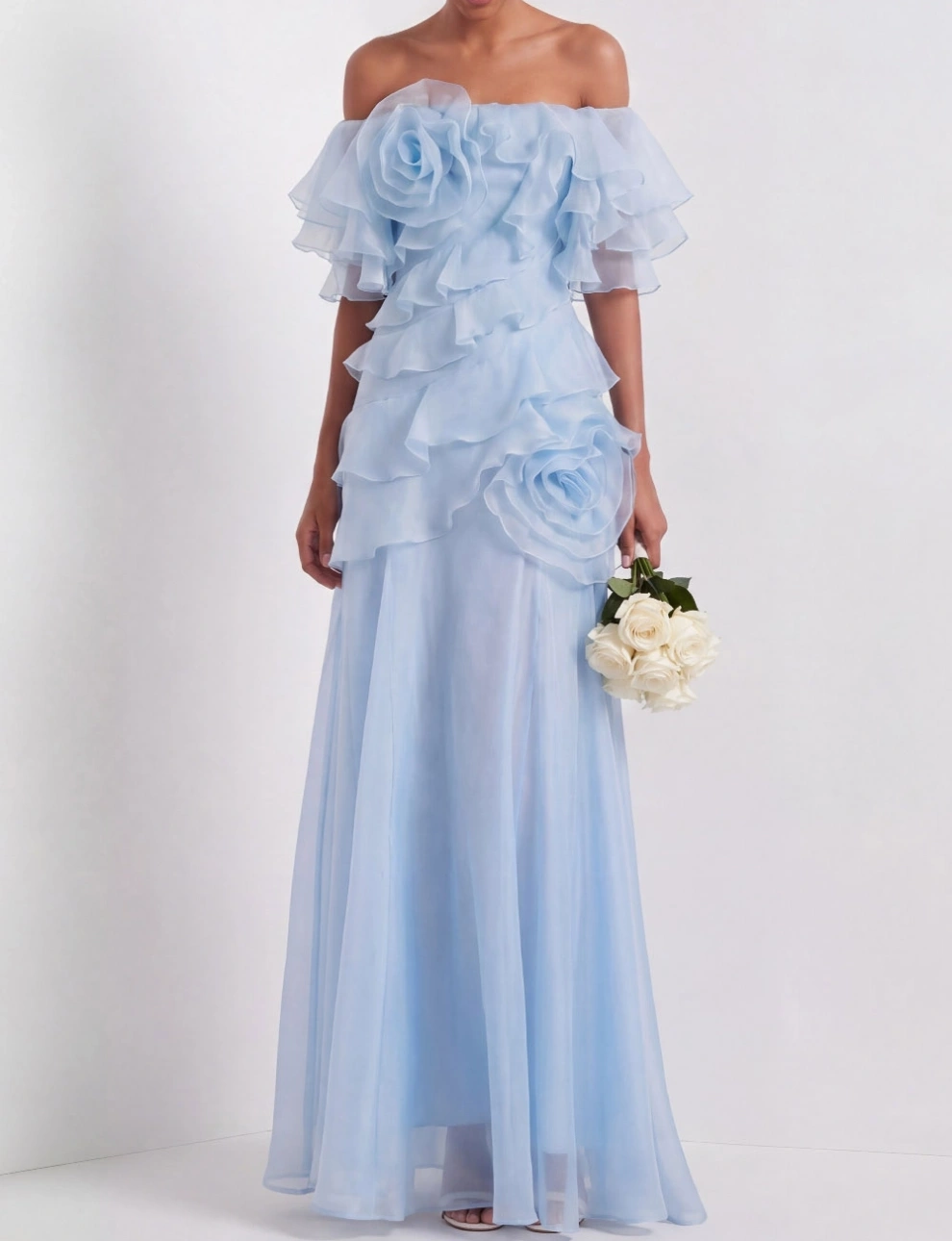 Light Blue Formal Dress Off the Shoulder Chiffon Maxi Dress with Ruffle
