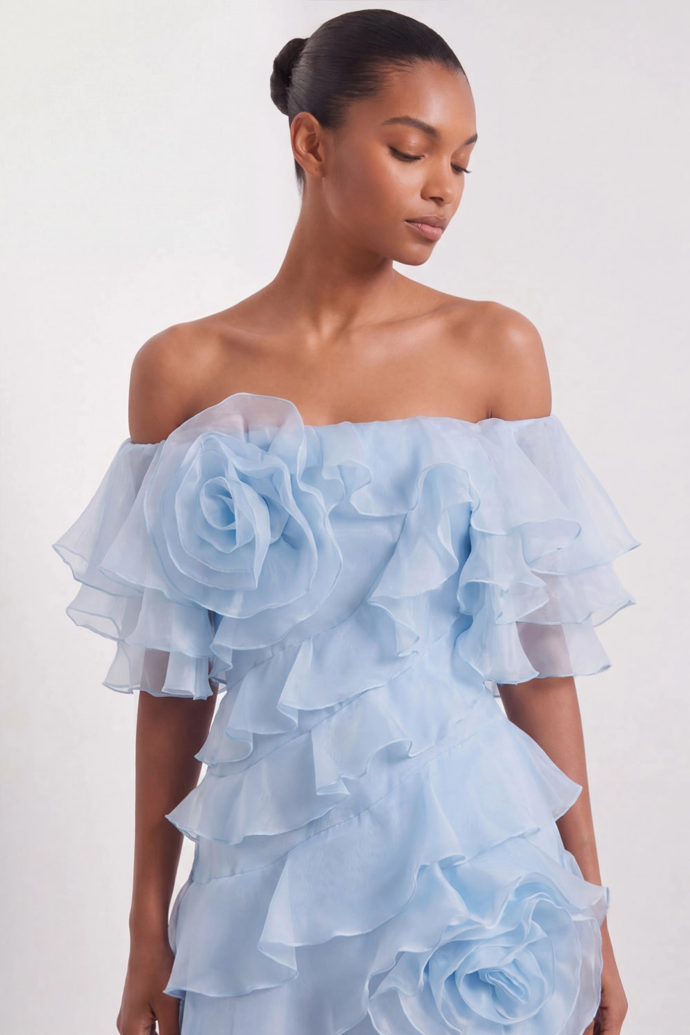 Light Blue Formal Dress Off the Shoulder Chiffon Maxi Dress with Ruffle