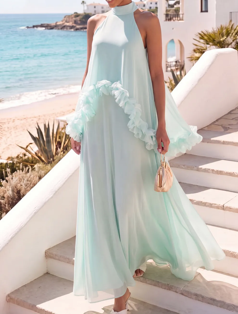 Mint Green Halter Neck A Line Long Formal Dress