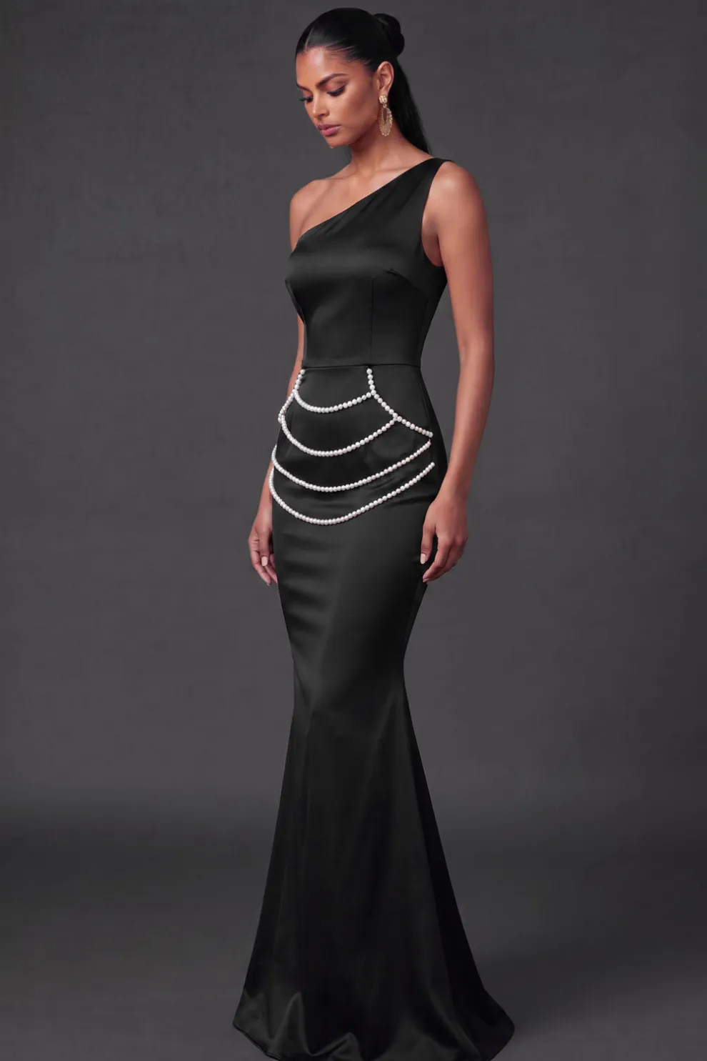 Black Mermaid One Shoulder Beaded Long Formal Dress