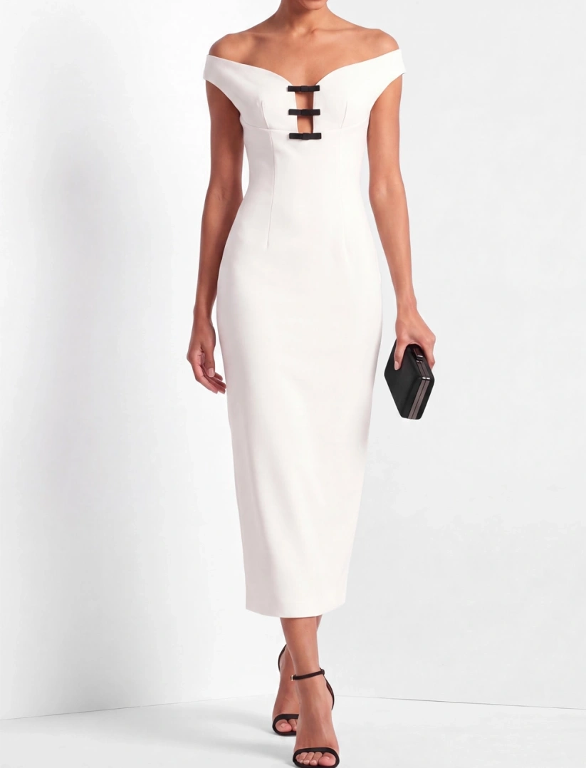 White Work Dress Bodycon Off the Shoulder Midi Dress with Slit