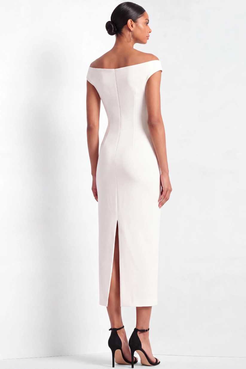White Work Dress Bodycon Off the Shoulder Midi Dress with Slit