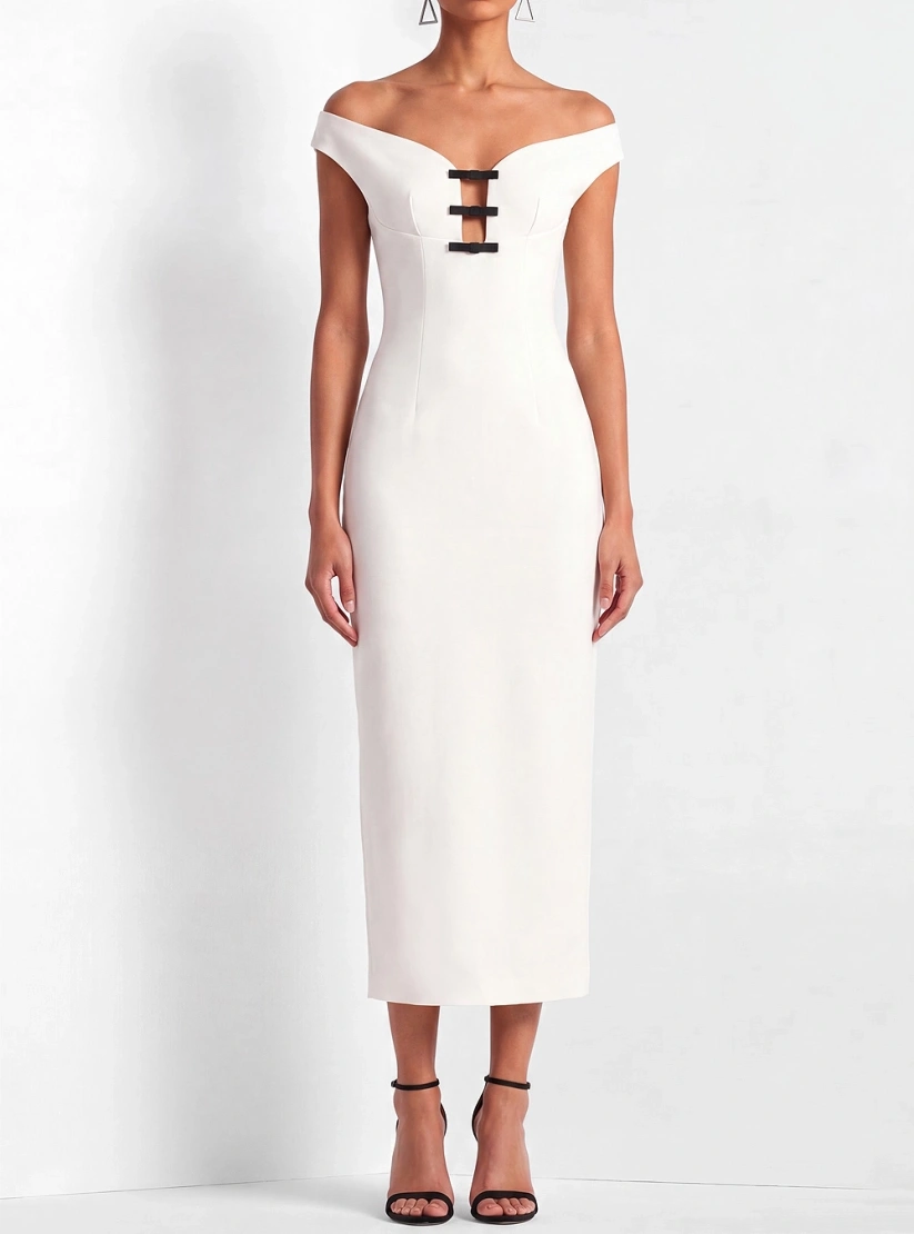 White Work Dress Bodycon Off the Shoulder Midi Dress with Slit