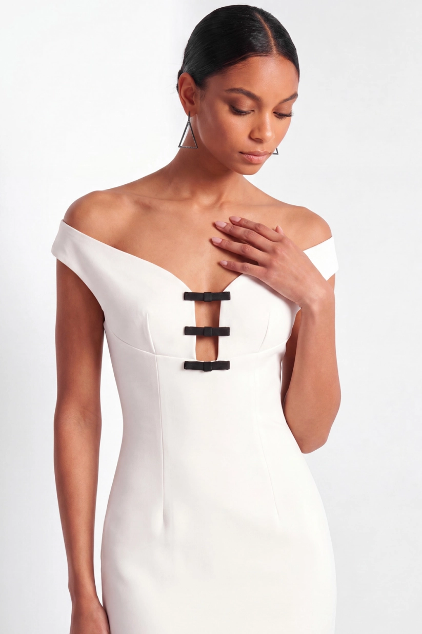 White Work Dress Bodycon Off the Shoulder Midi Dress with Slit