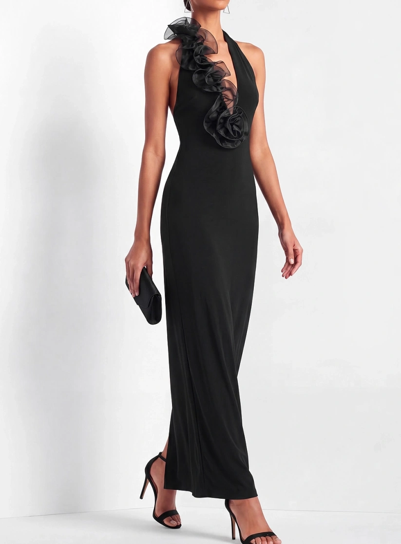 Black Formal Evening Dress Sheath Halter Maxi Dress with Ruffle