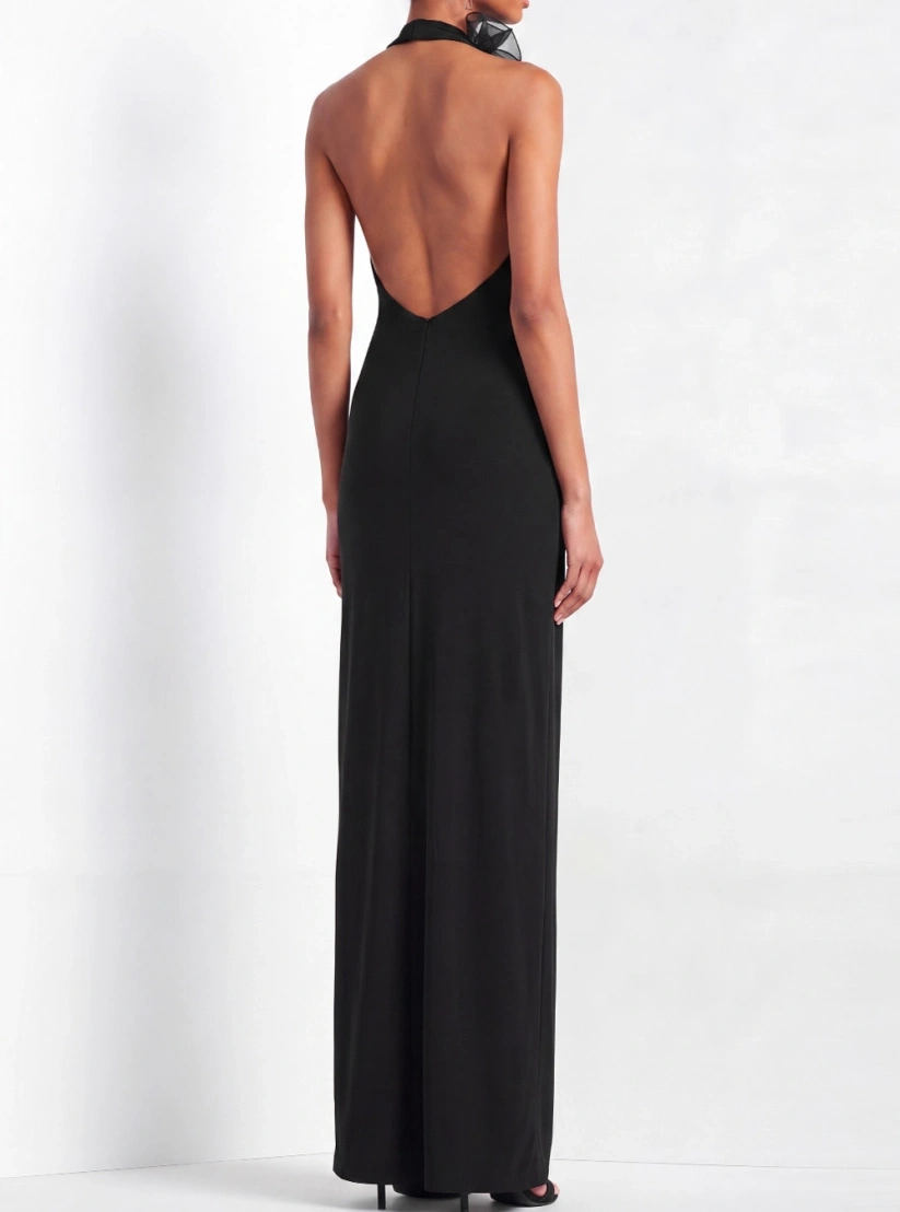 Black Formal Evening Dress Sheath Halter Maxi Dress with Ruffle
