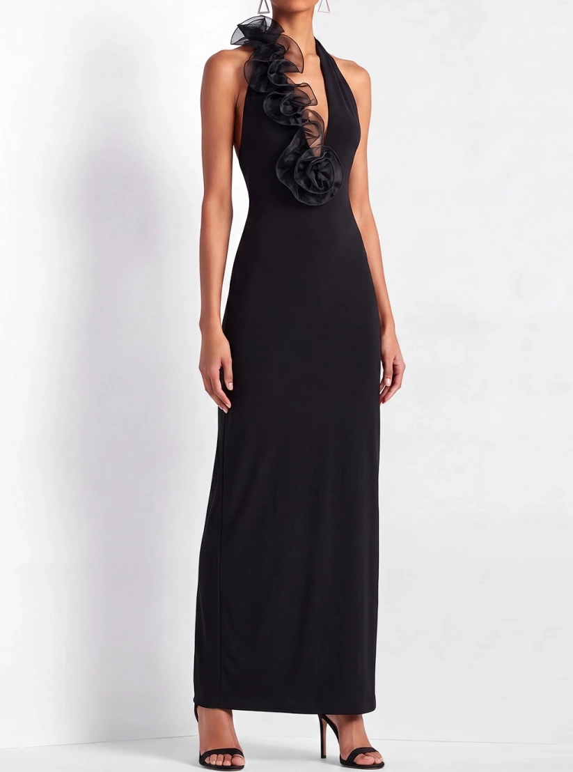 Black Formal Evening Dress Sheath Halter Maxi Dress with Ruffle