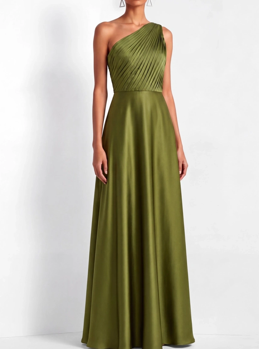 Green A-Line Formal Evening Dress Ruched One Shoulder Satin Maxi Dress