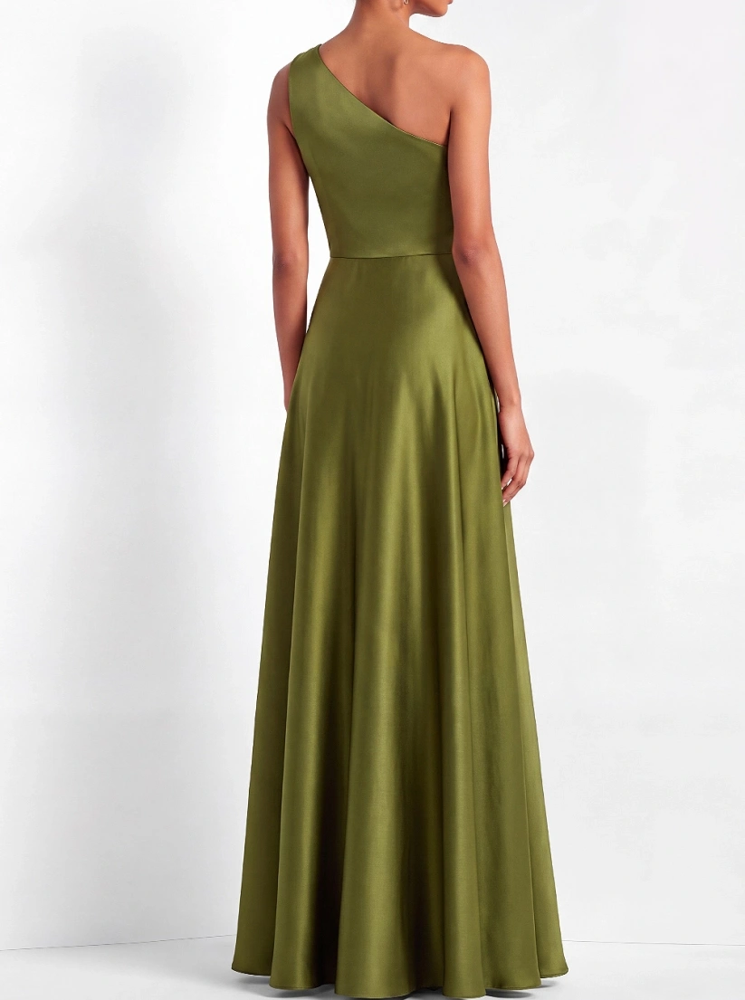 Green A-Line Formal Evening Dress Ruched One Shoulder Satin Maxi Dress