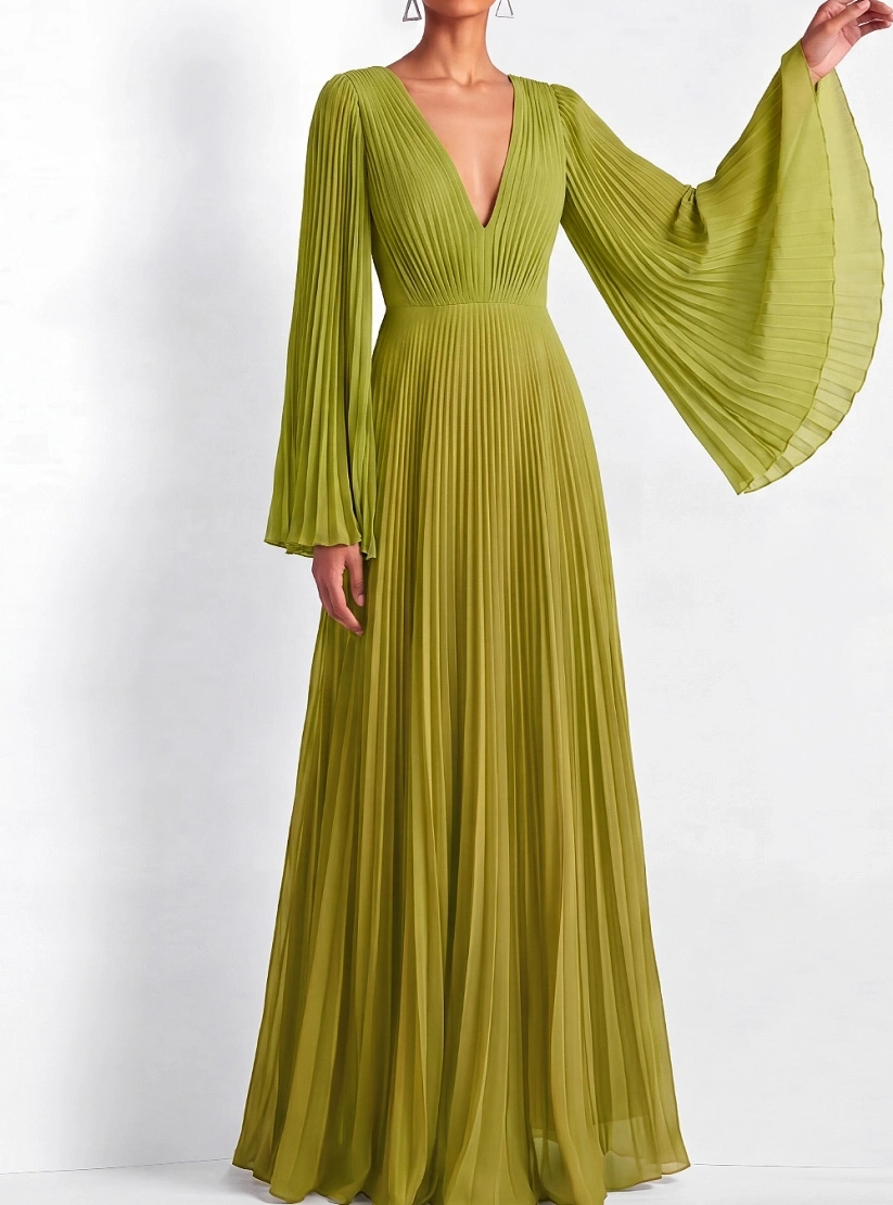Green A-Line Formal Dress V-Neck Ruffle Sleeve Pleated Maxi Dress