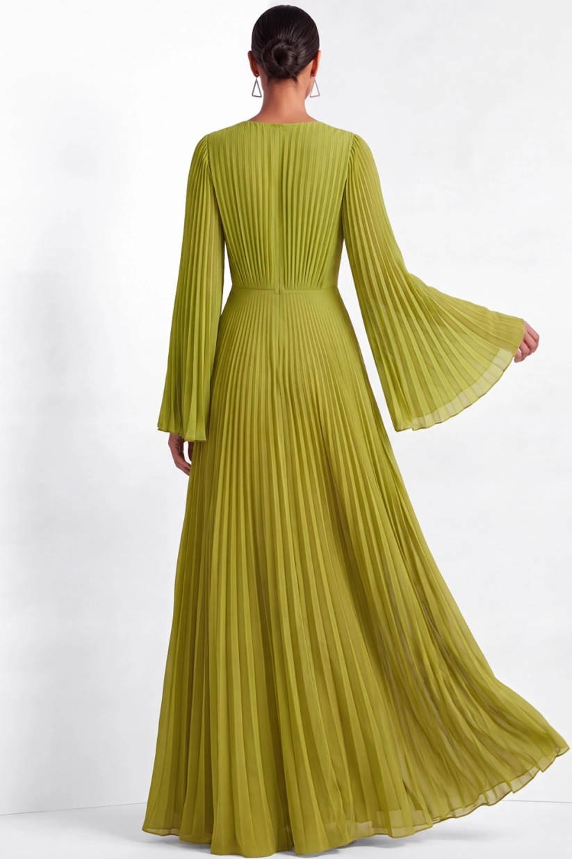 Green A-Line Formal Dress V-Neck Ruffle Sleeve Pleated Maxi Dress
