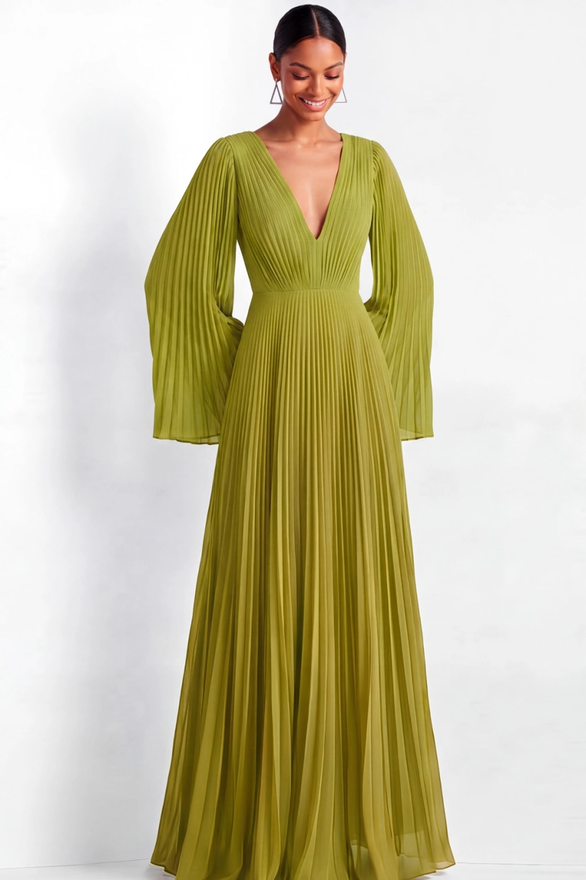 Green A-Line Formal Dress V-Neck Ruffle Sleeve Pleated Maxi Dress