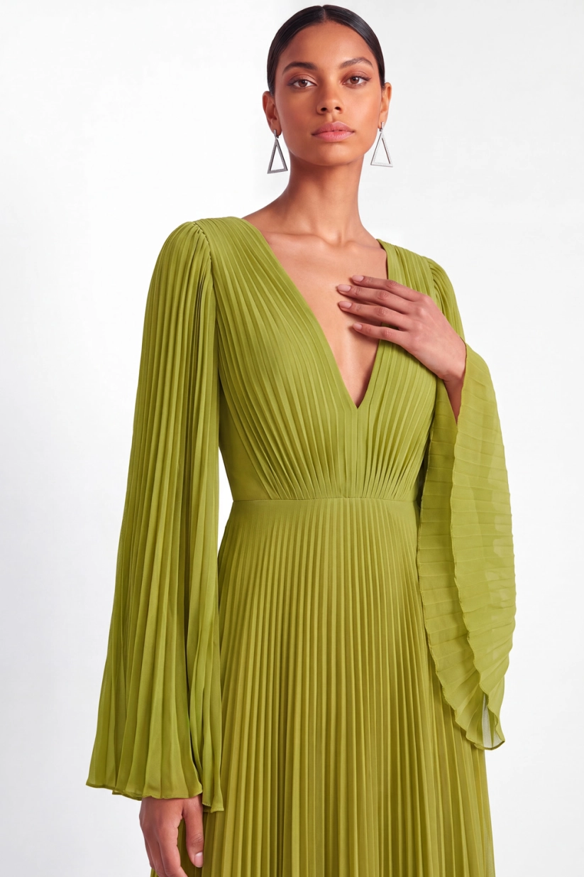 Green A-Line Formal Dress V-Neck Ruffle Sleeve Pleated Maxi Dress
