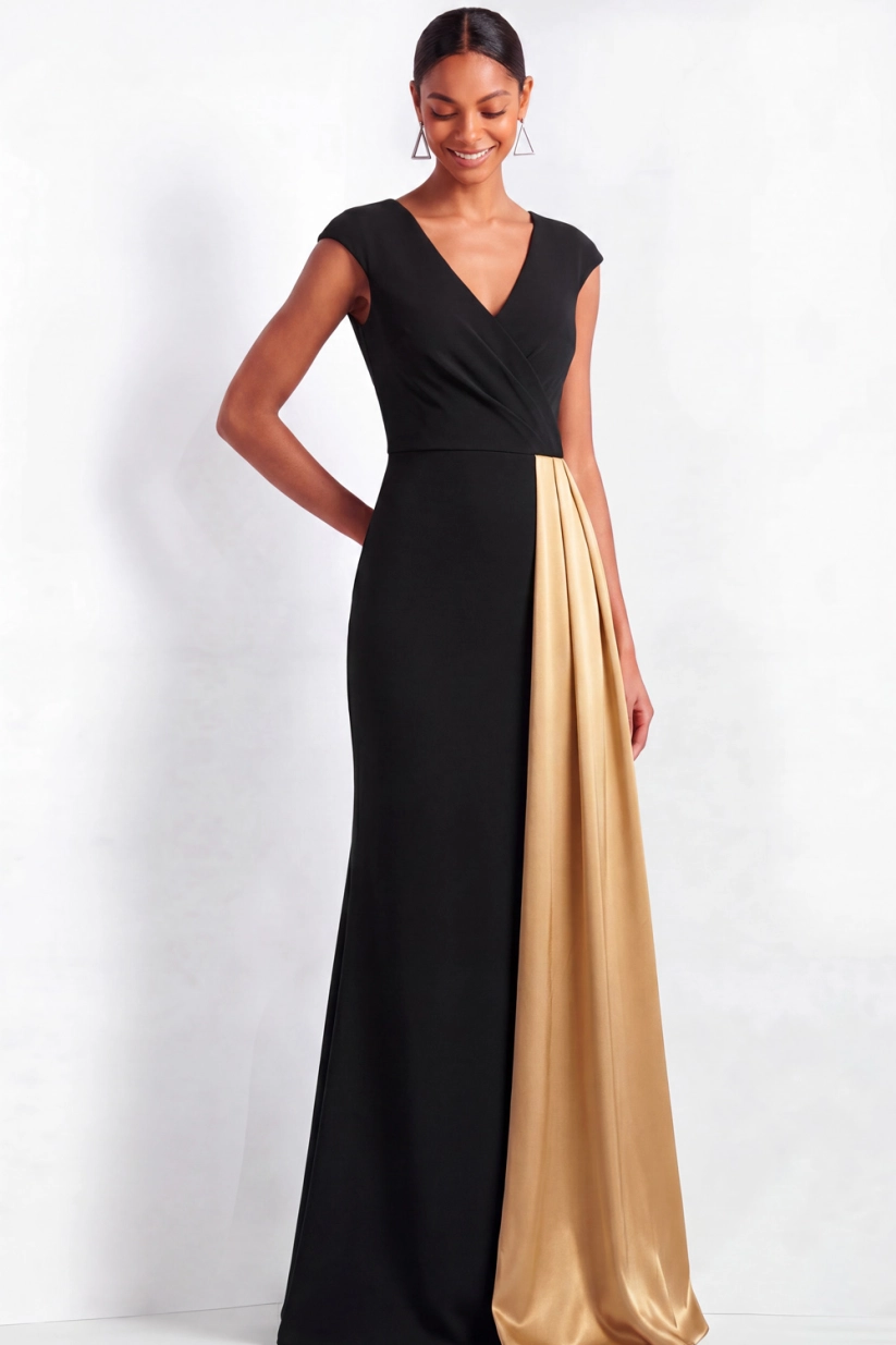 Black and Golden Formal Evening Dress V-Neck Splicing Maxi Dress