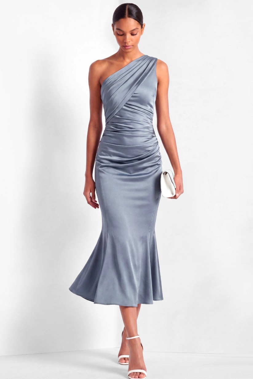 Dusty Blue Ruched Satin Midi Work Dress
