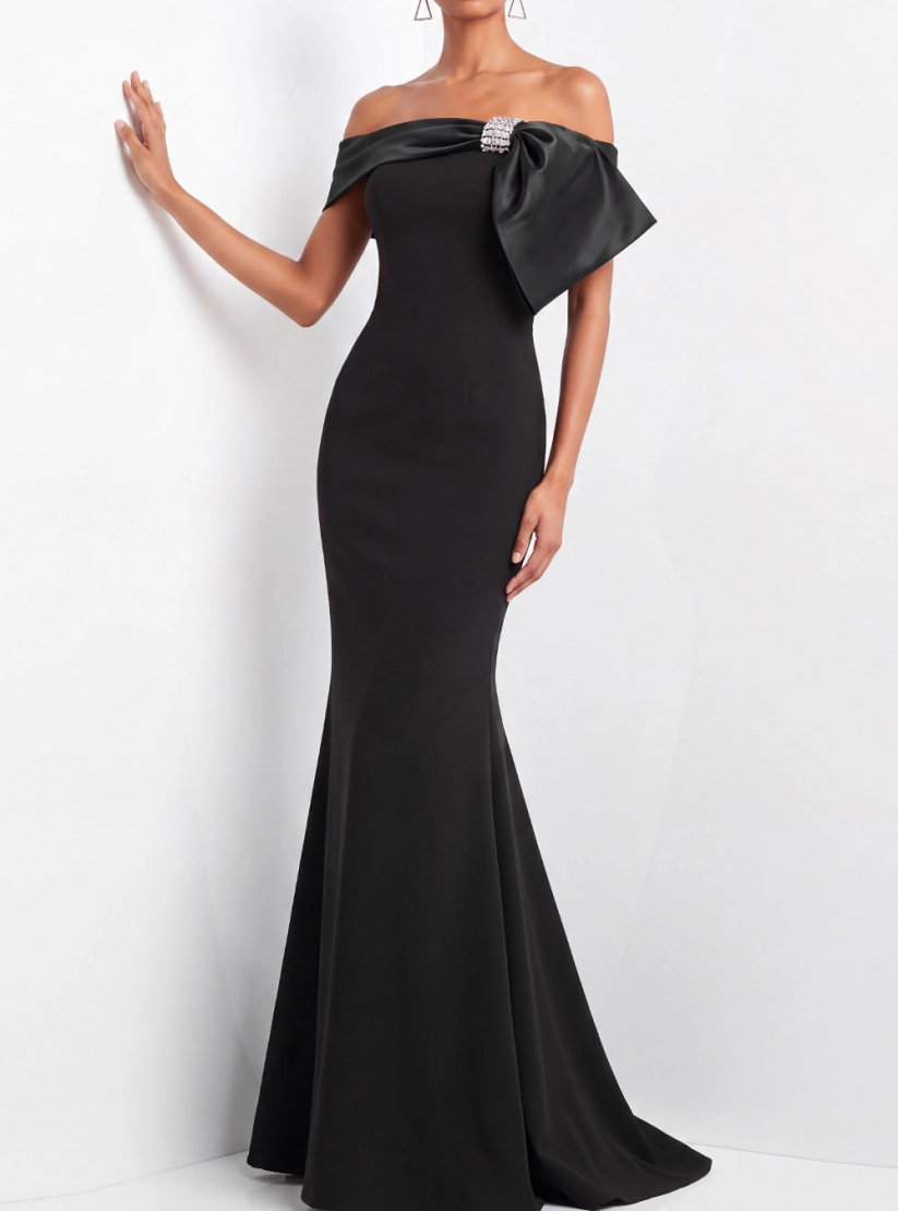 Black Satin Off Shoulder Mermaid Dress Rhinestone Bow Formal Evening Gown