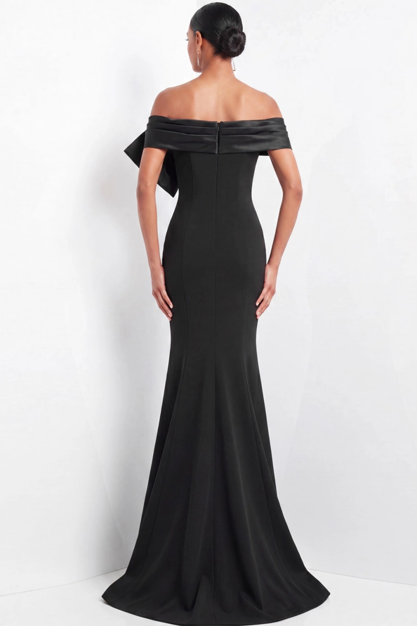 Black Satin Off Shoulder Mermaid Dress Rhinestone Bow Formal Evening Gown