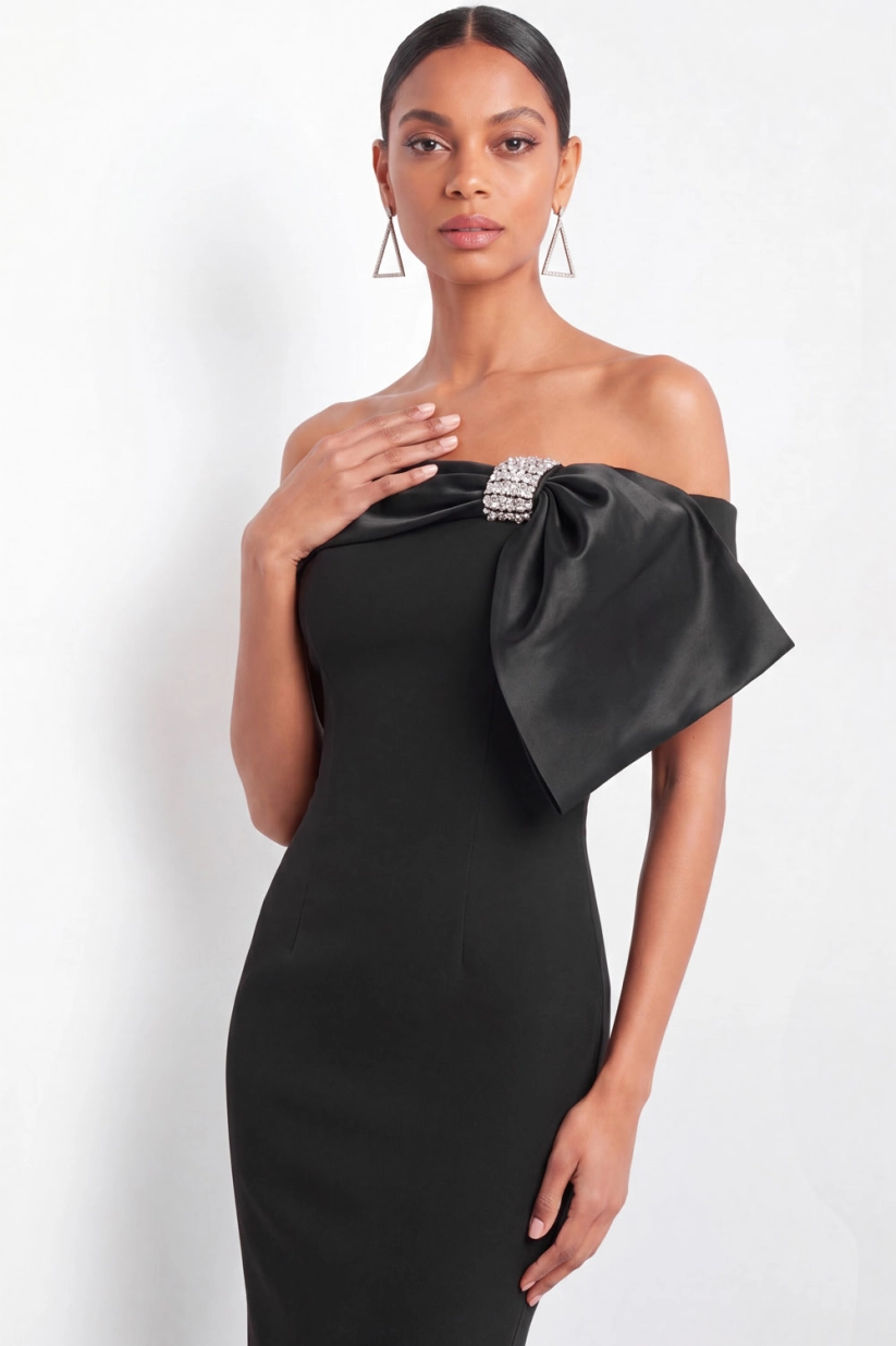 Black Satin Off Shoulder Mermaid Dress Rhinestone Bow Formal Evening Gown
