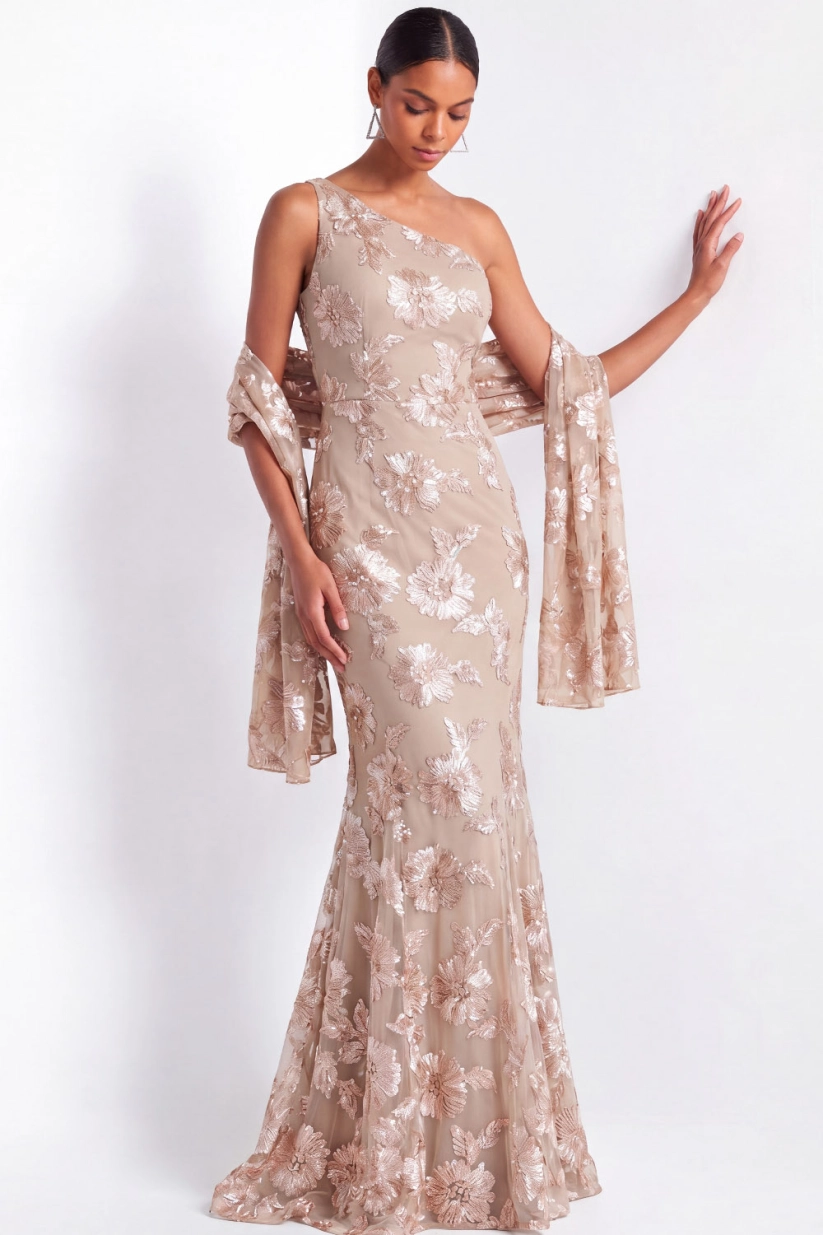 Champagne Floral Mermaid Evening Gown