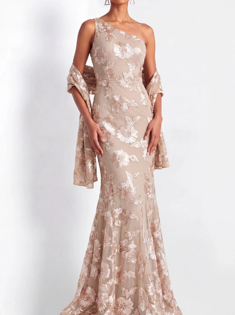 Champagne Floral Mermaid Evening Gown