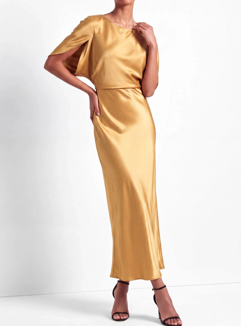 Golden Satin Cape Sleeve Round Neck Work Dress