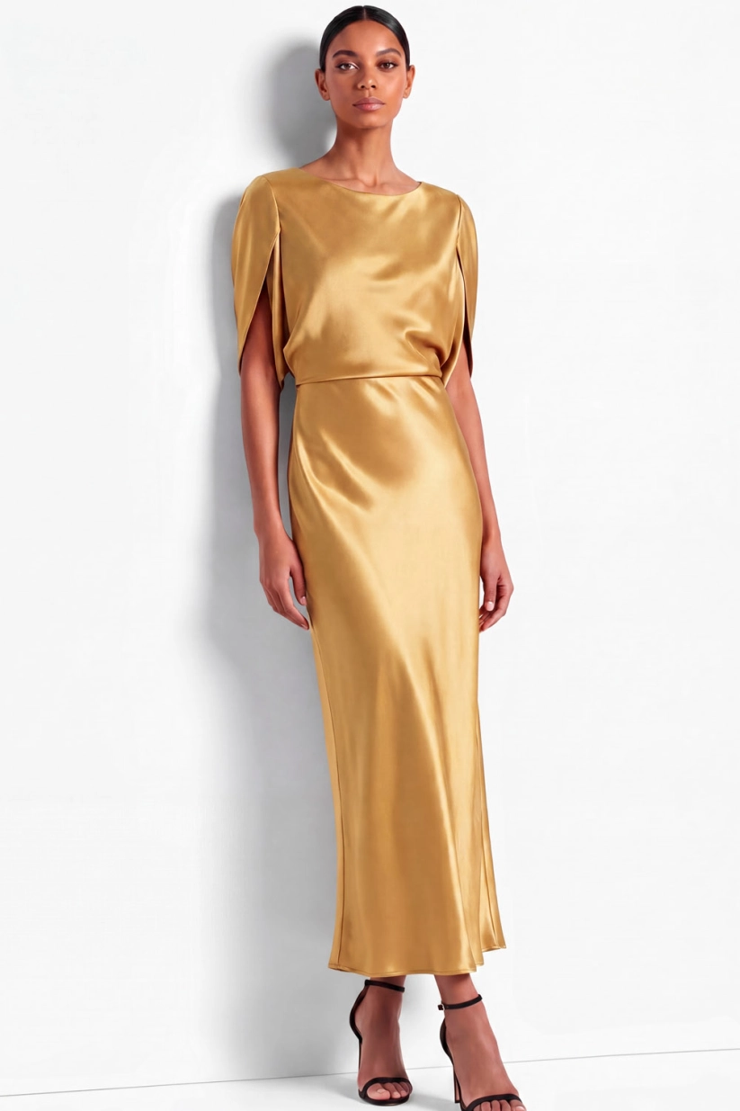 Golden Satin Cape Sleeve Round Neck Work Dress