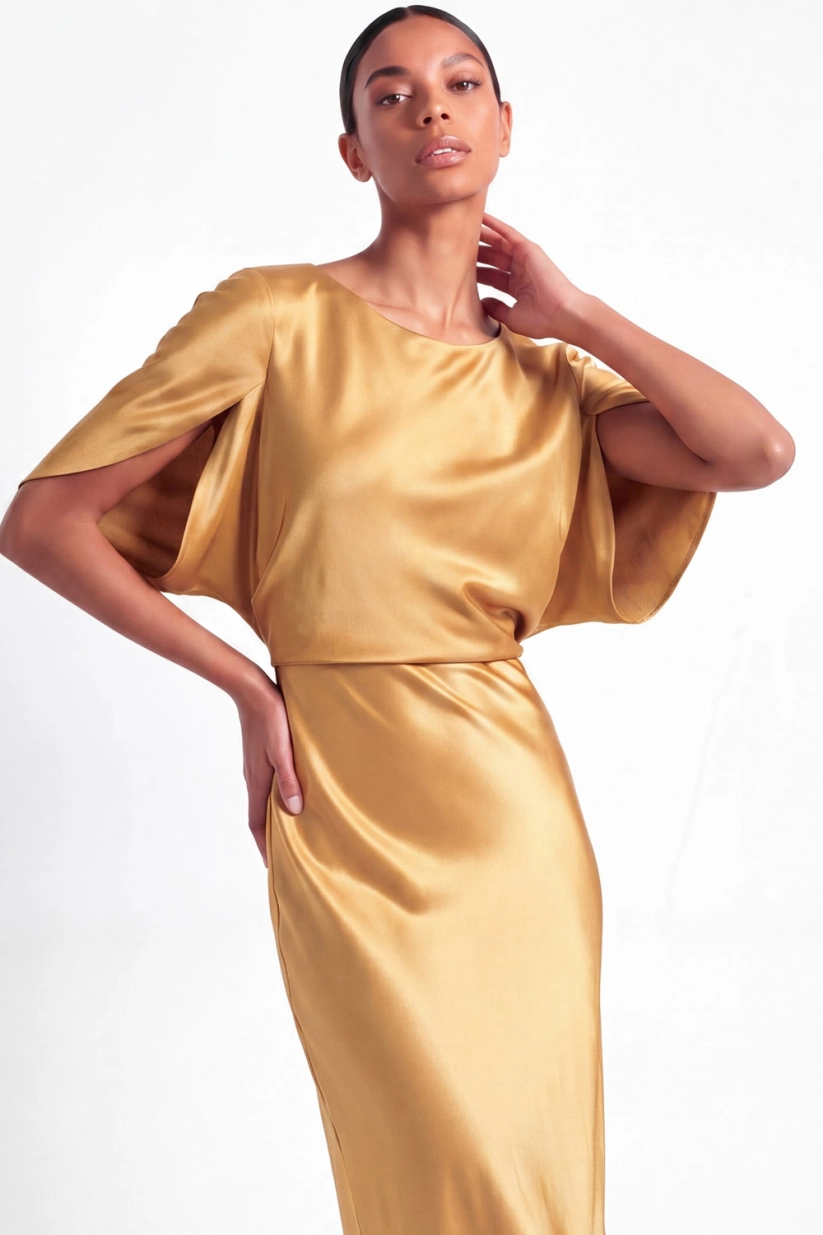 Golden Satin Cape Sleeve Round Neck Work Dress