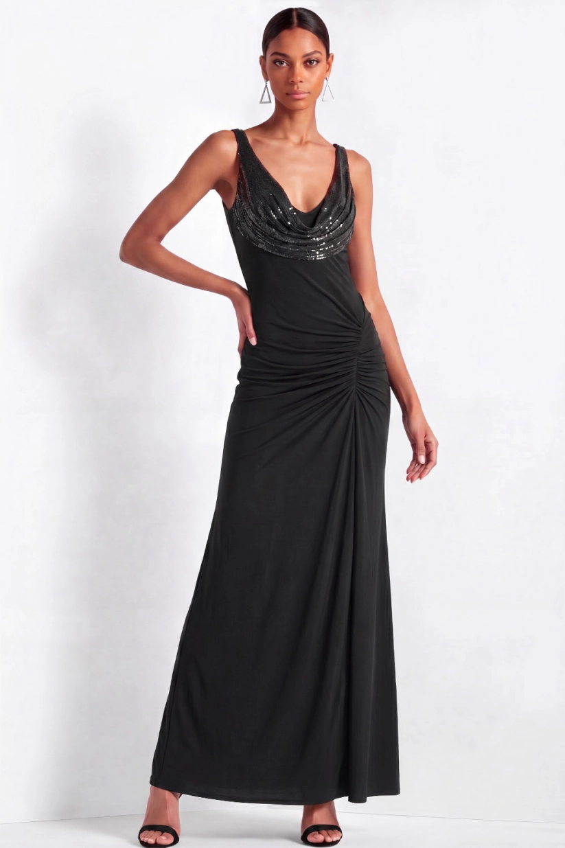 Black Sequin Cowl Neck Ruched Mermaid Maxi Dress