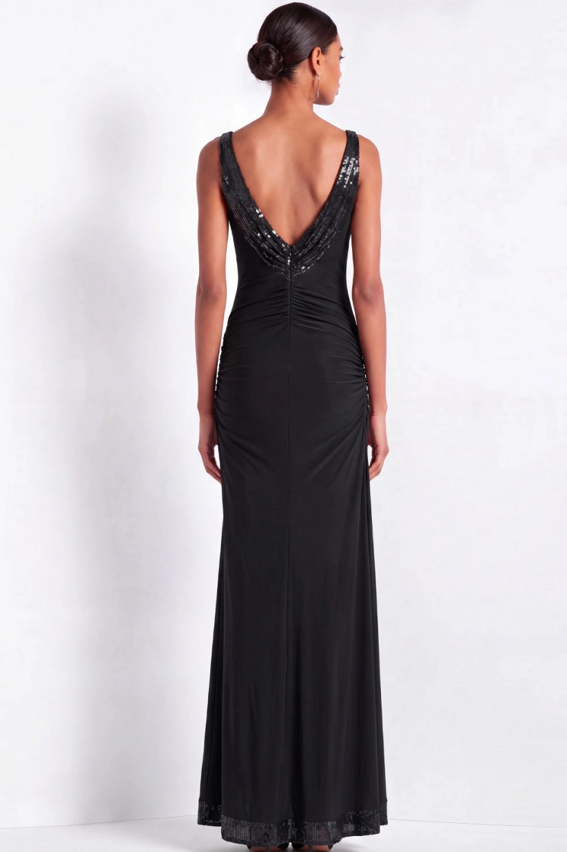 Black Sequin Cowl Neck Ruched Mermaid Maxi Dress