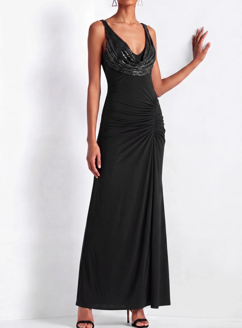 Black Sequin Cowl Neck Ruched Mermaid Maxi Dress