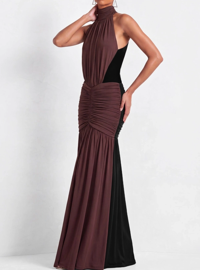 Brown and Black Mermaid High Neck Ruched Maxi Dress