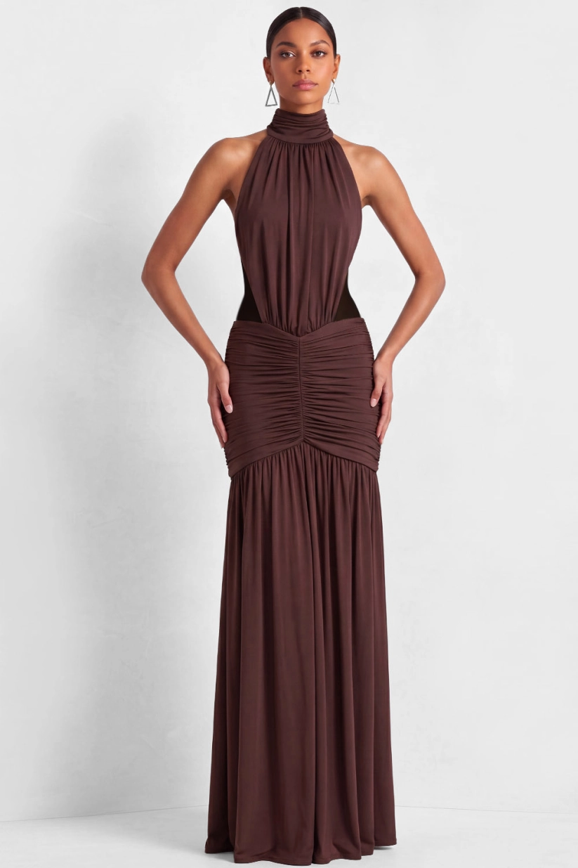 Brown and Black Mermaid High Neck Ruched Maxi Dress