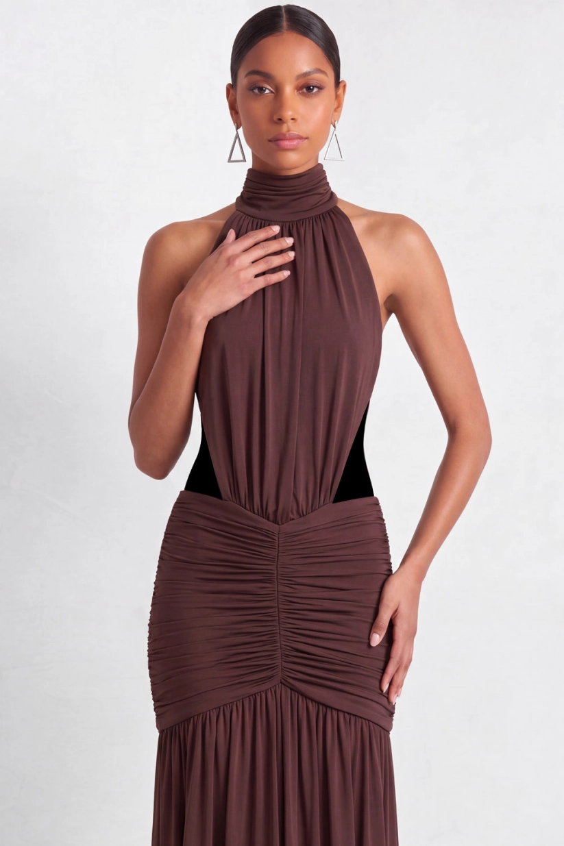 Brown and Black Mermaid High Neck Ruched Maxi Dress