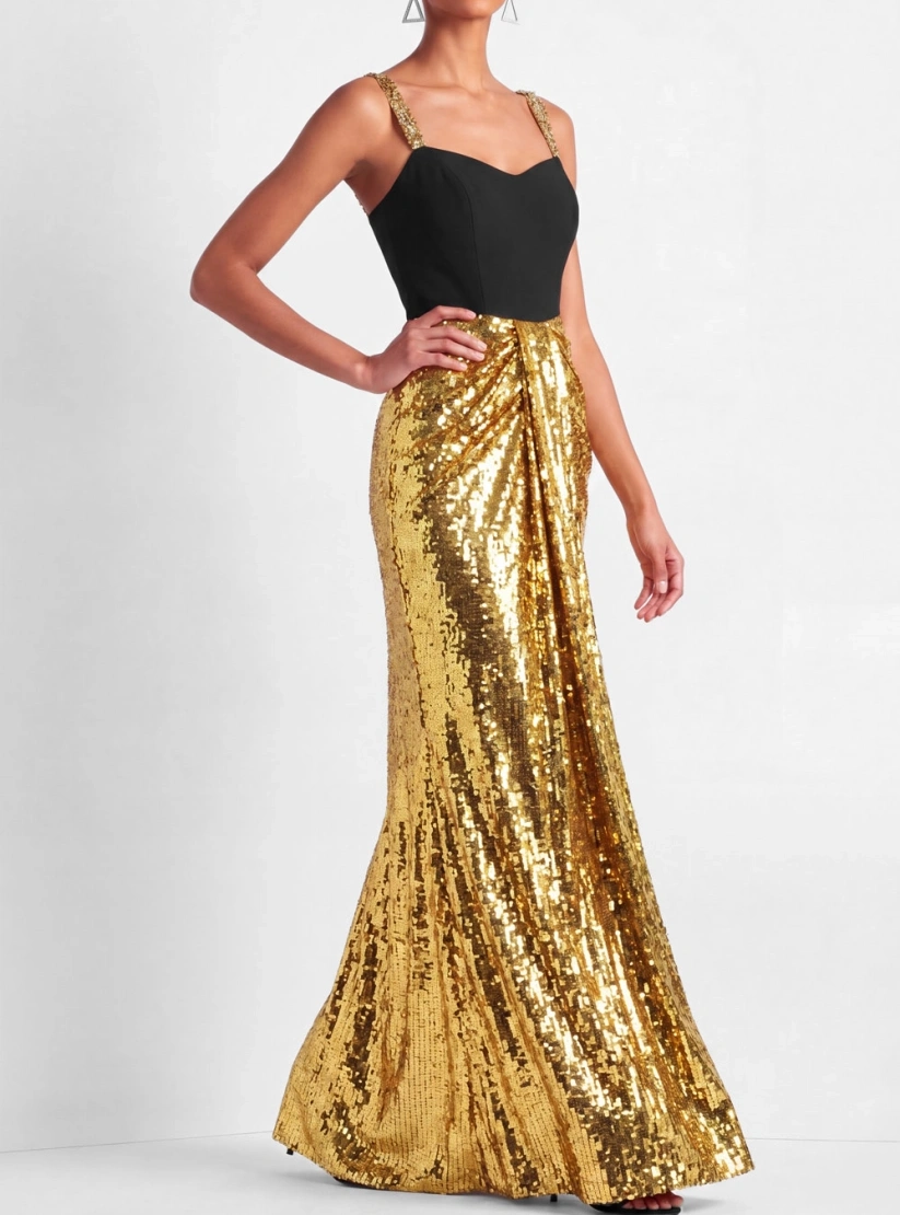 Golden Mermaid Spaghetti Straps Sequin Maxi Dress