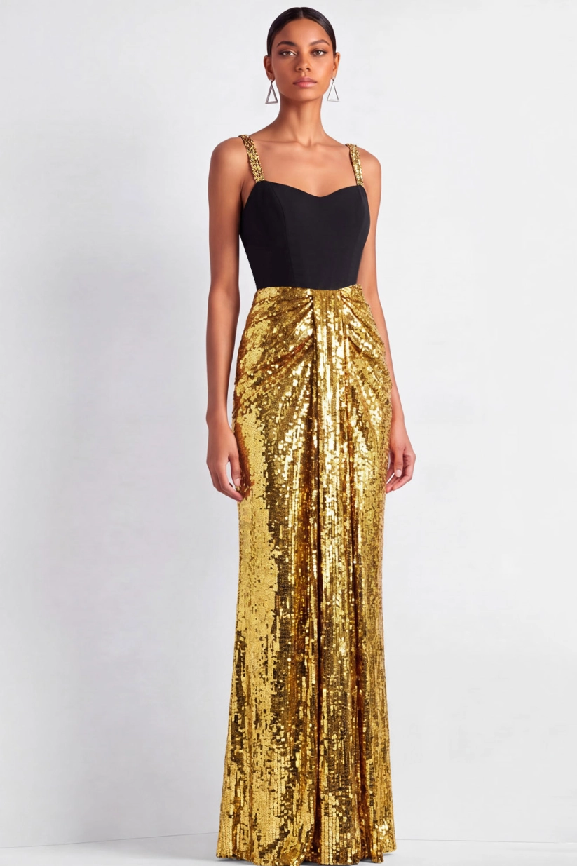Golden Mermaid Spaghetti Straps Sequin Maxi Dress