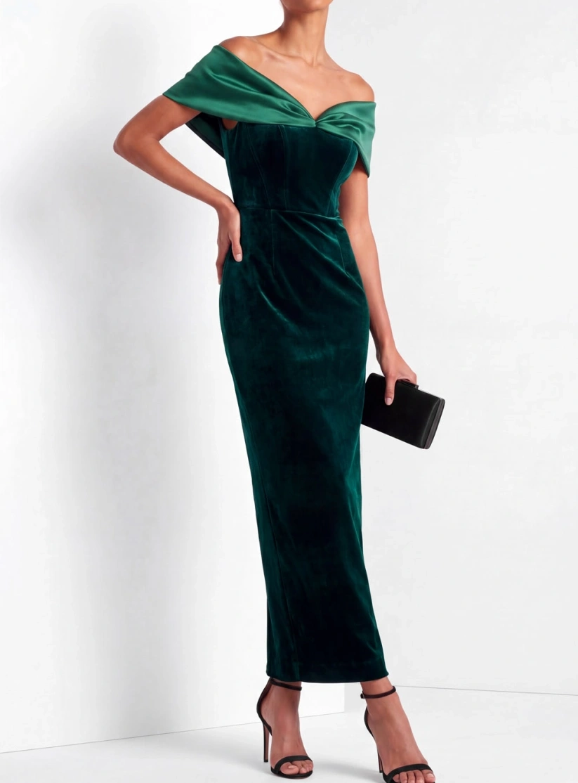 Dark Green Off the Shoulder Sheath Maxi Dress