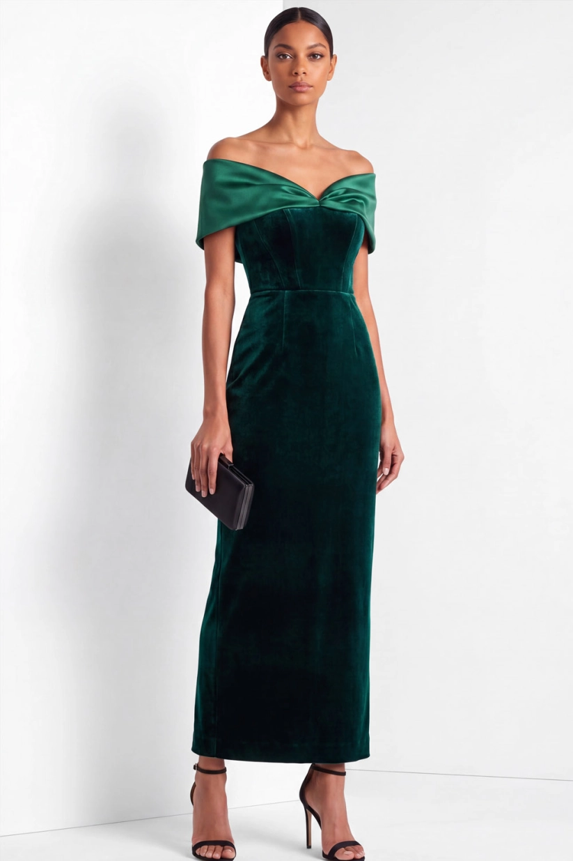 Dark Green Off the Shoulder Sheath Maxi Dress