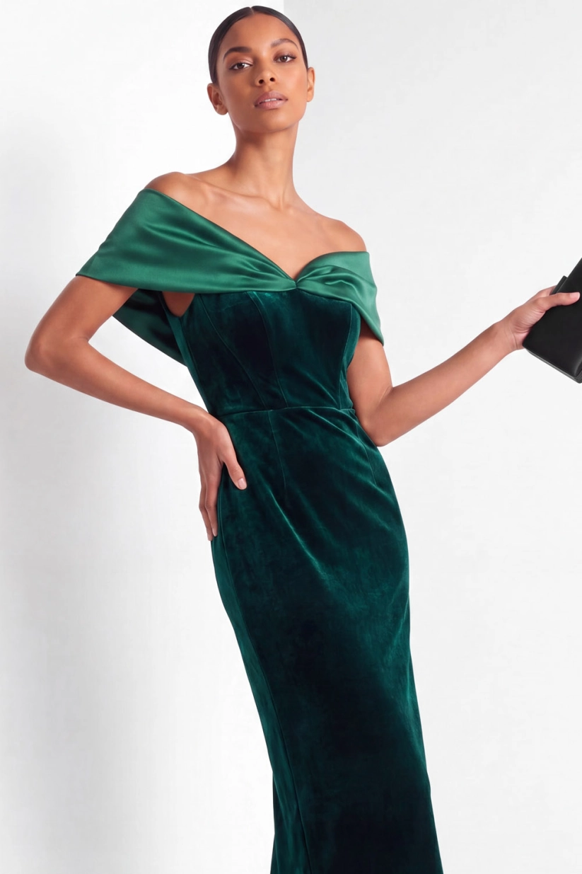 Dark Green Off the Shoulder Sheath Maxi Dress