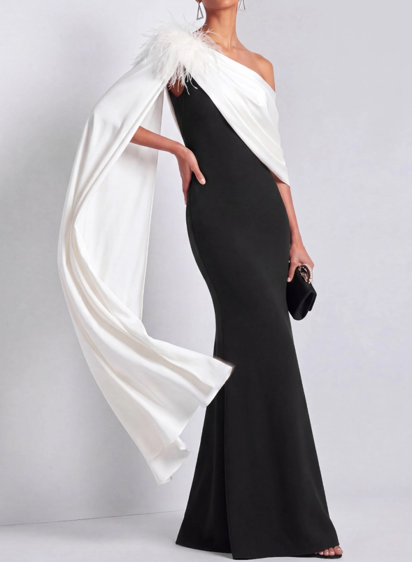 Black and White One Shoulder Mermaid Cape Maxi Dress