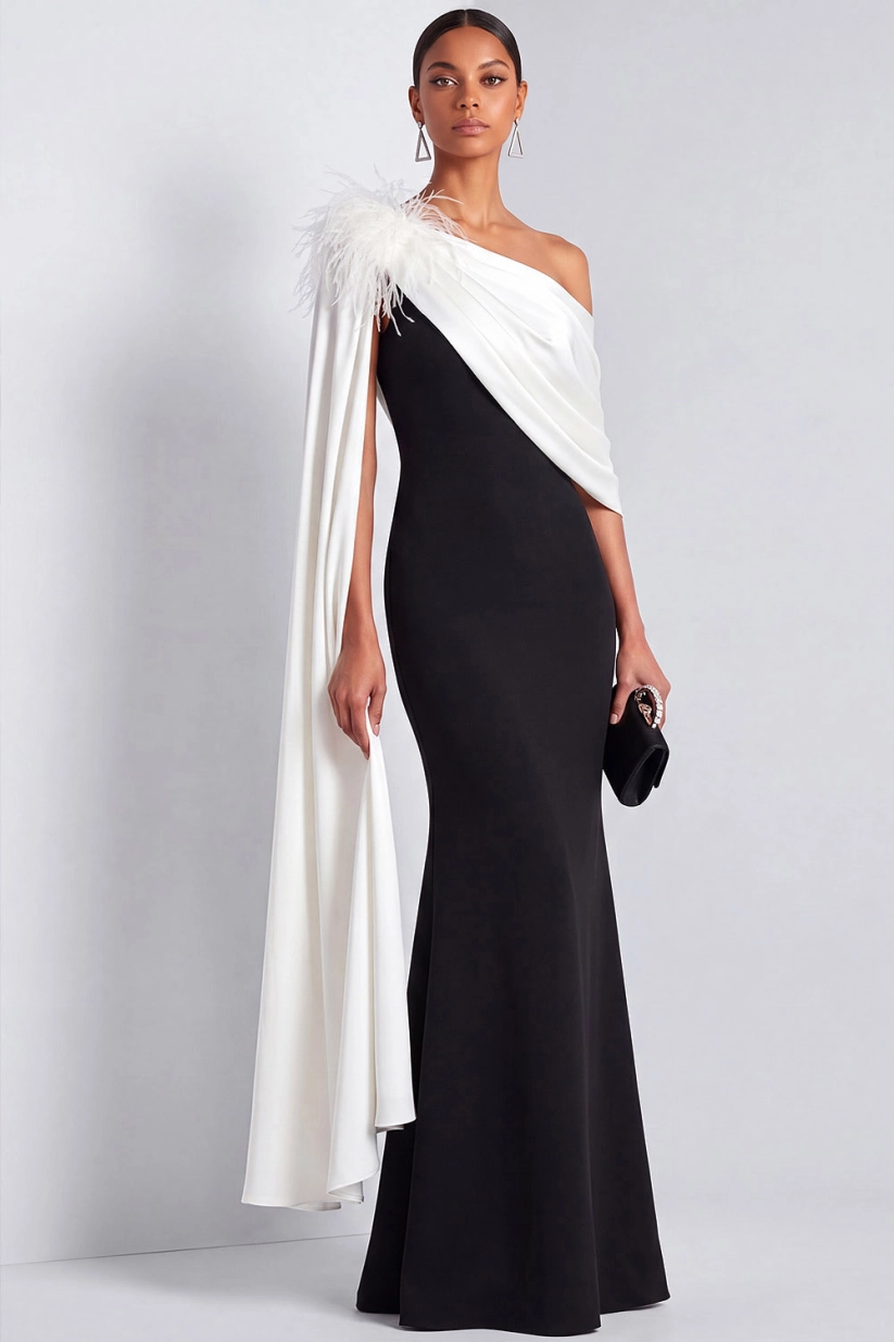 Black and White One Shoulder Mermaid Cape Maxi Dress