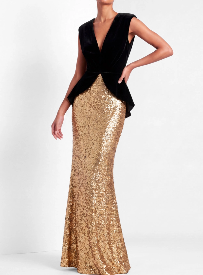 Golden V-Neck Mermaid Velvet Sequin Formal Dress