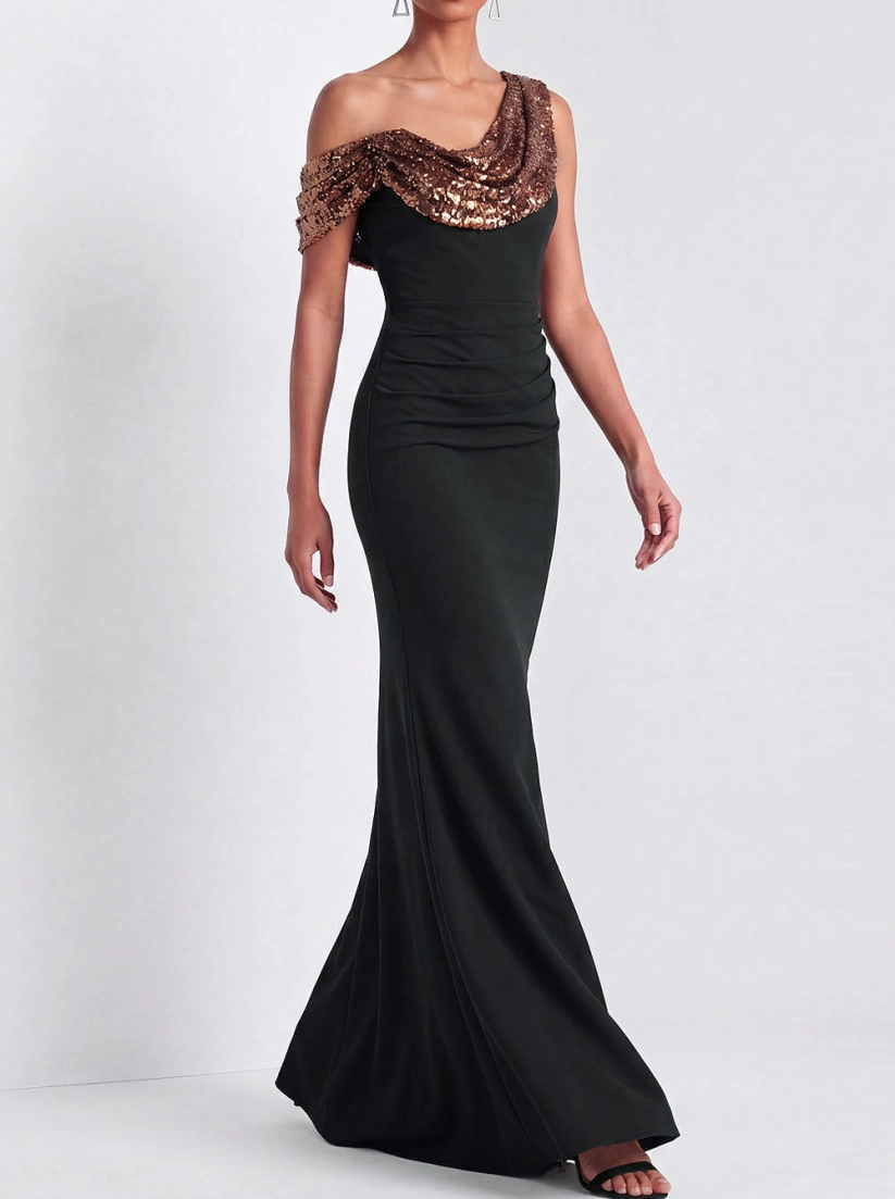 Brown Sequin Cowl Neck Mermaid Gown