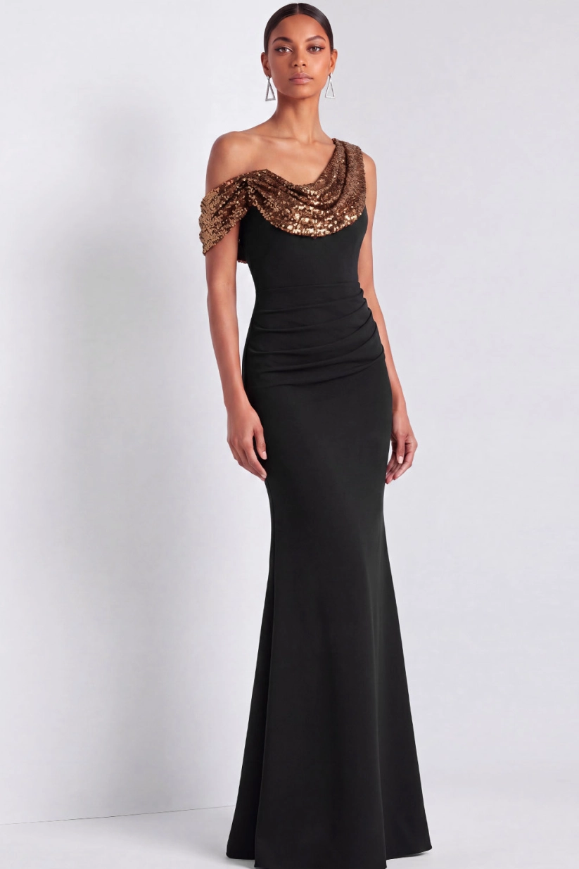 Brown Sequin Cowl Neck Mermaid Gown