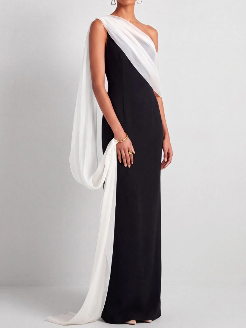 Black and White One Shoulder Mermaid Cape Maxi Dress